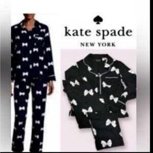 Kate Spade Black Bow pajamas set black and white bows_long sleeve Notch collar